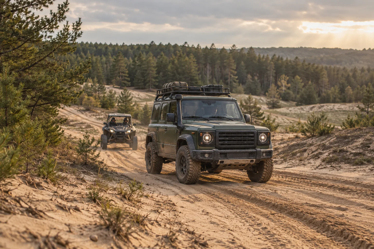 Ein 4×4-Geländewagen und ein SSV auf einem Sandweg zwischen Kiefern — KI-Konzeptillustration