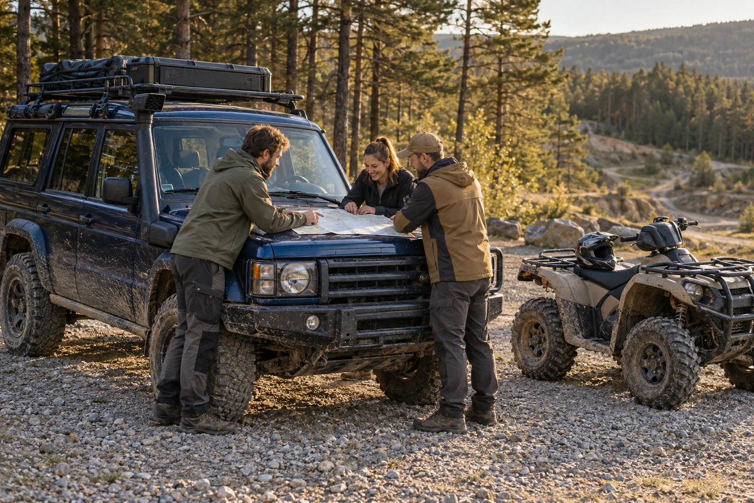 Drei Personen planen eine Route neben einem 4×4-Geländewagen und einem Quad — KI-Konzeptillustration